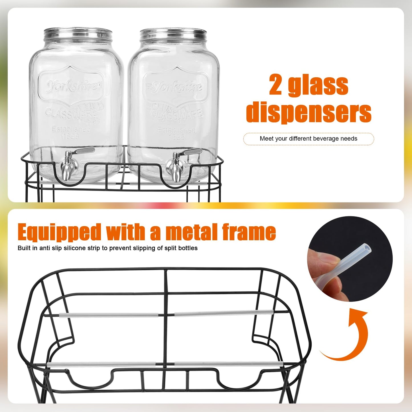 2-Gallon Glass Drink Dispenser Set with Stainless Steel Spigots & Chalkboard Tags – Dual Beverage Dispensers with Metal Stand