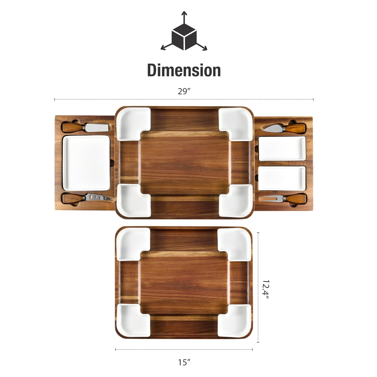 All-Natural Acacia Wood Cheese Board Set with Hidden Drawers, Ceramic Plates, Bowls & Utensils