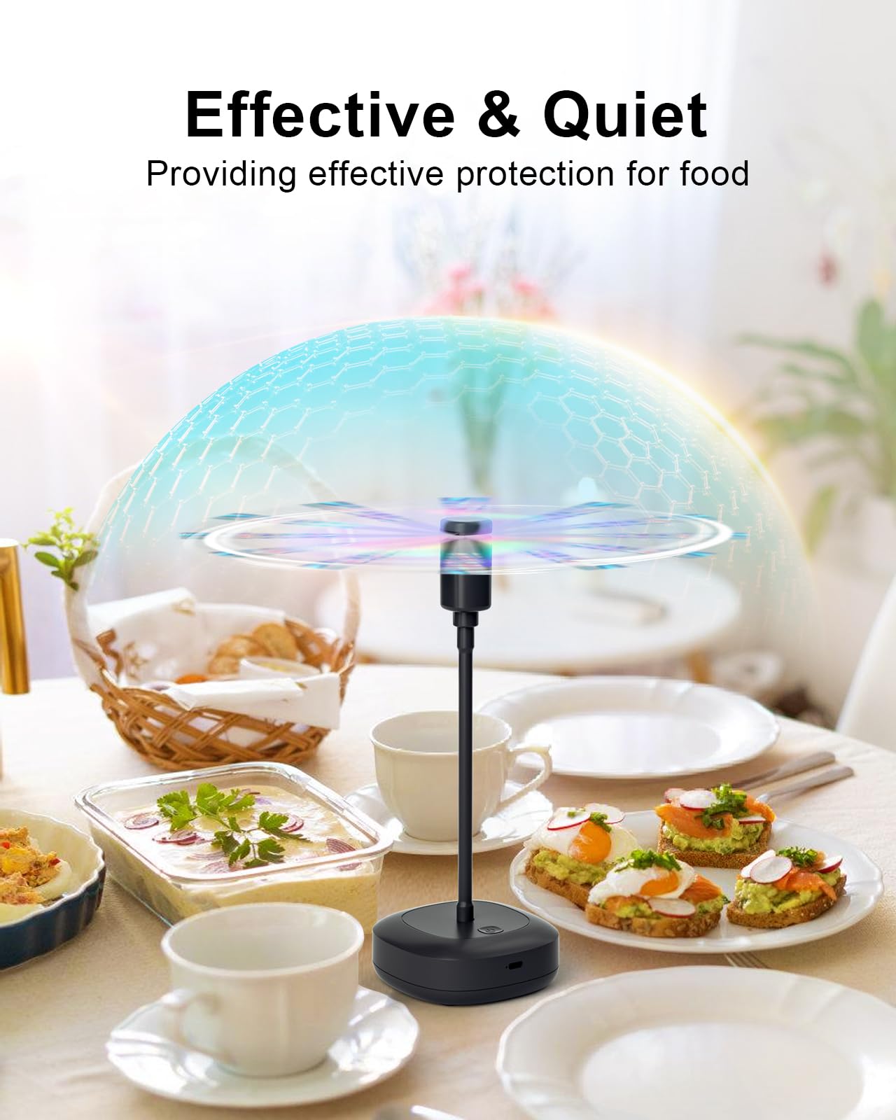 Table Food Fan – Insect Repellent with Reflective Blades, Flexible Neck, Silent Operation, USB-C Charging