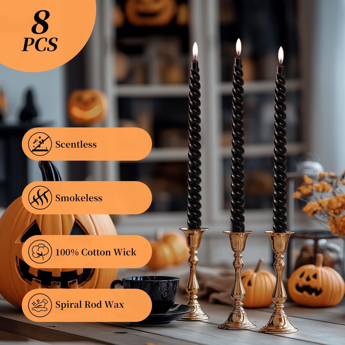 Black Spiral Taper Candles – Set of 8 Handmade Unscented Twist Candlesticks