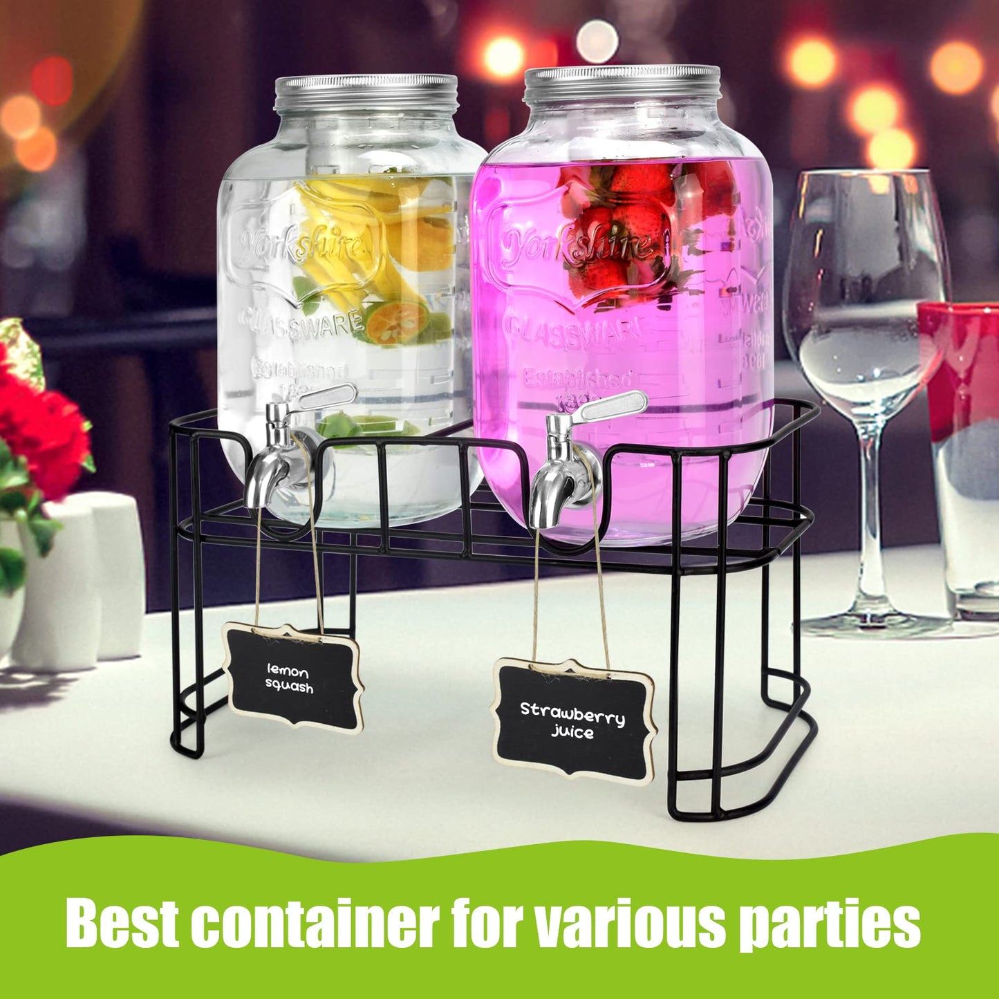 2-Gallon Glass Drink Dispenser Set with Stainless Steel Spigots & Chalkboard Tags – Dual Beverage Dispensers with Metal Stand