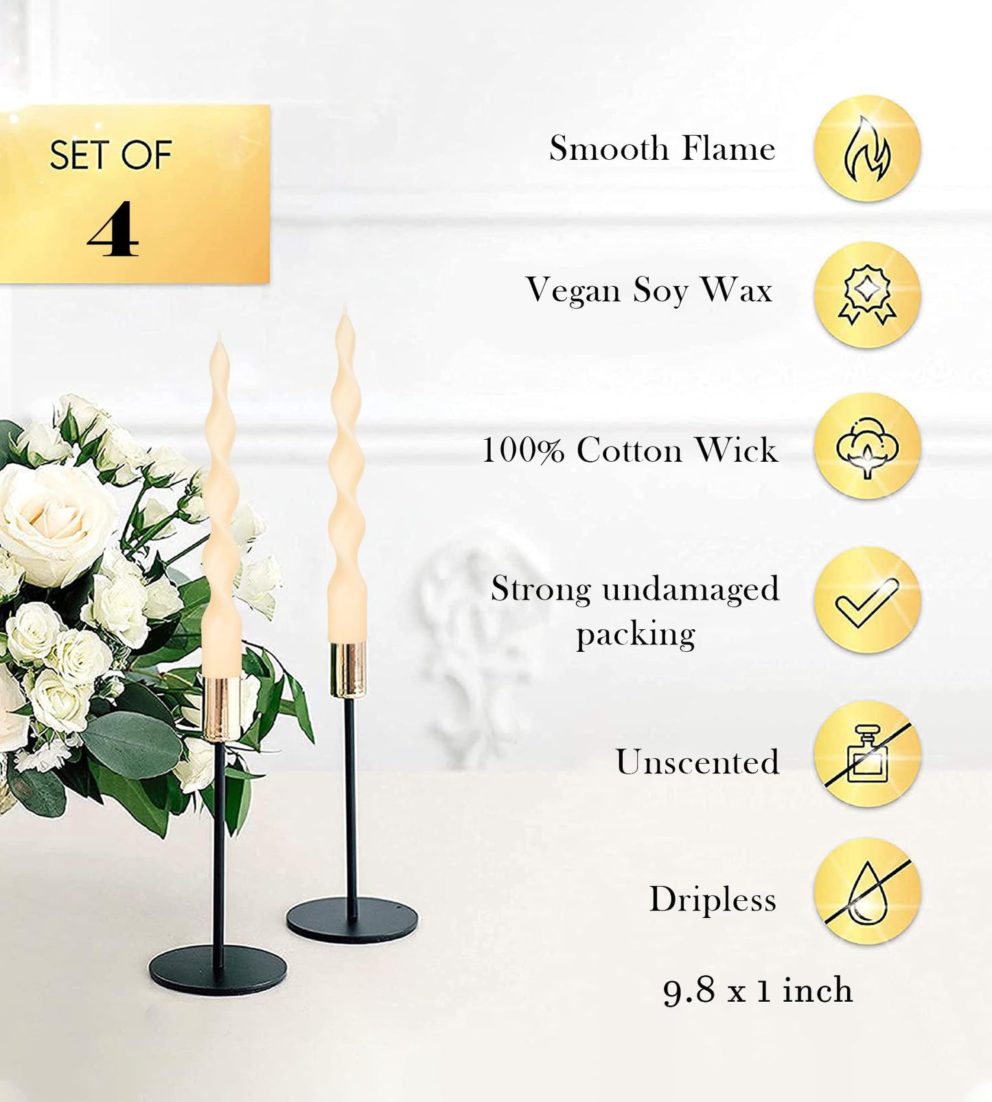 Handmade Spiral Taper Candles – 10" Unscented, Dripless (Set of 4)