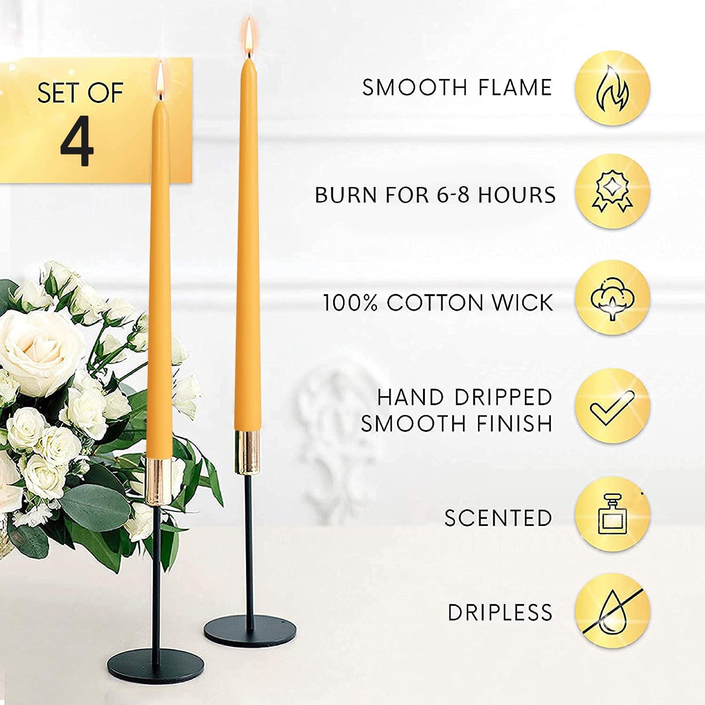 Handmade Spiral Taper Candles – 10" Unscented, Dripless (Set of 4)