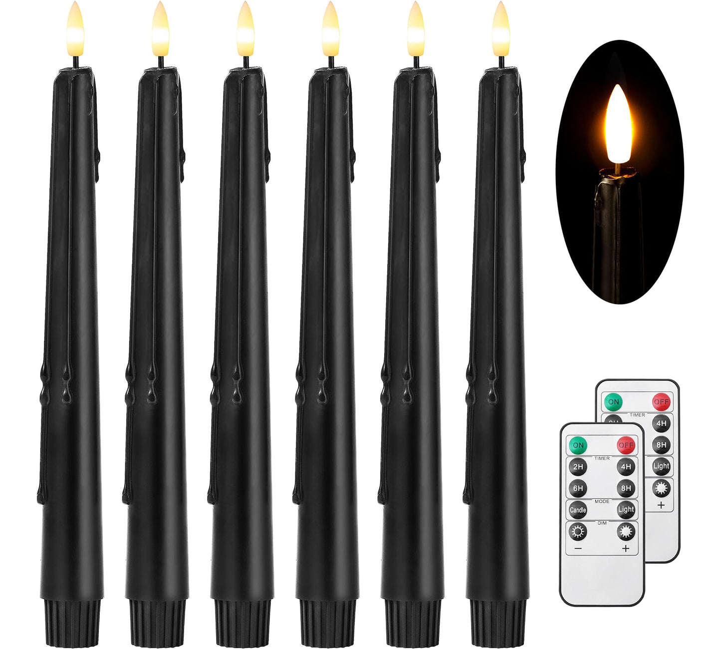 Black Wax Drip Flameless Taper Candles – Set of 6 LED Candles with Remote Control