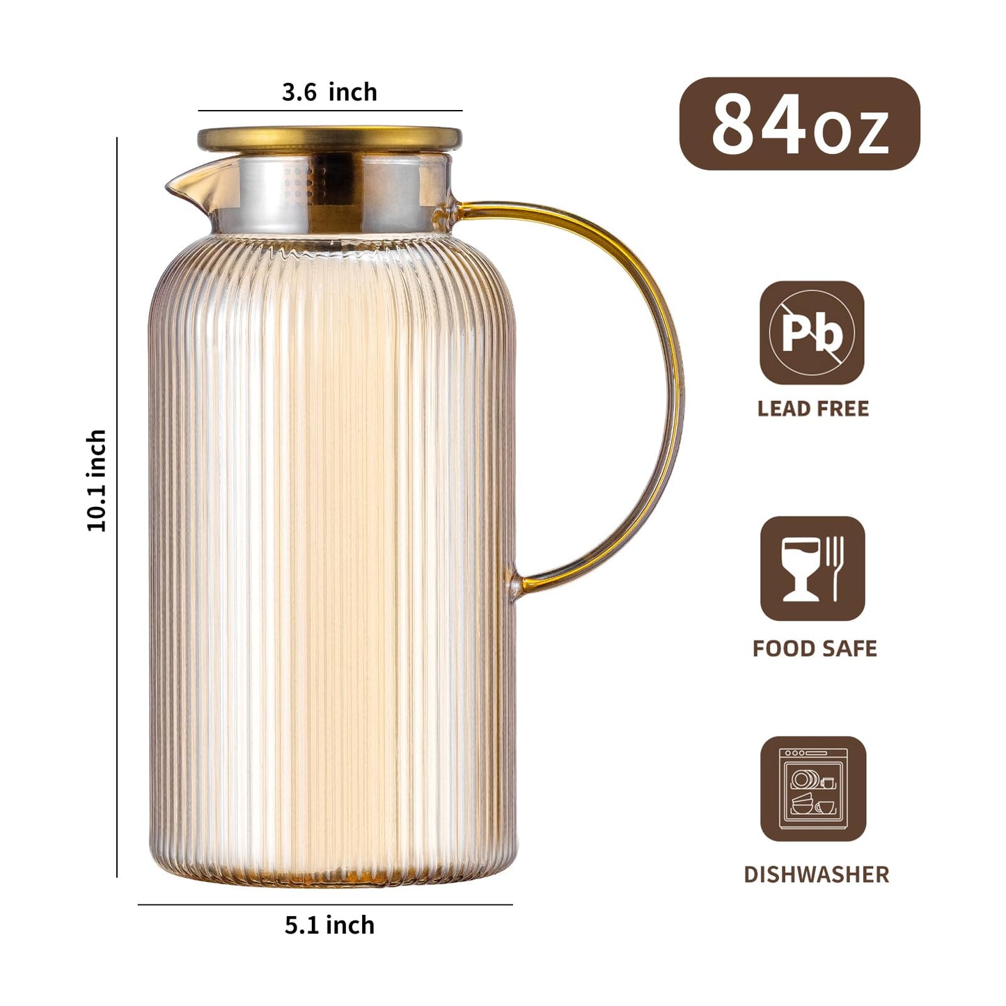 Glass Water Pitcher – 68oz Borosilicate Carafe with Stainless Steel Lid - Heat-Resistant