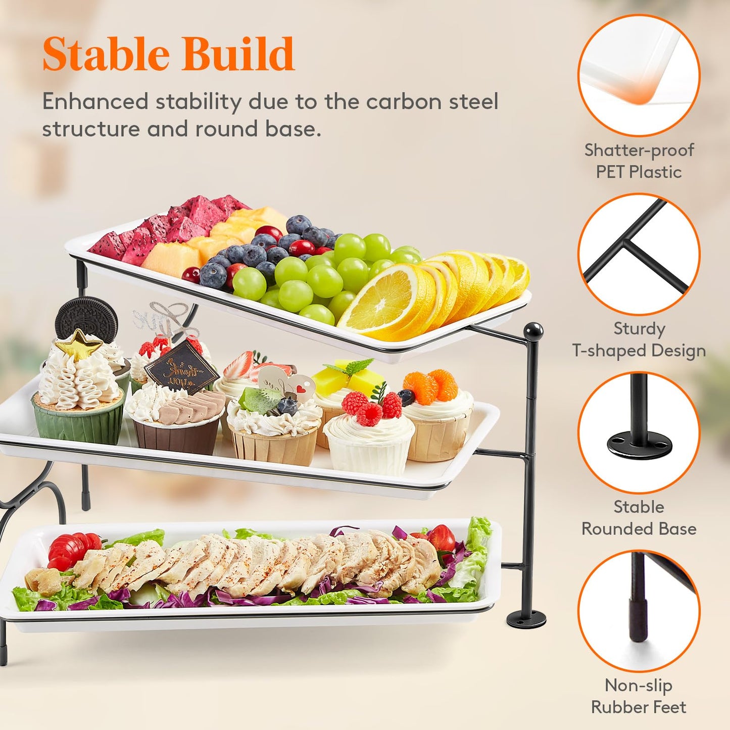 Clear Plastic Serving Tray – BPA-Free Shatterproof PET Dessert Stand for Parties, Weddings & Events | Space-Saving Display with Non-Slip Base