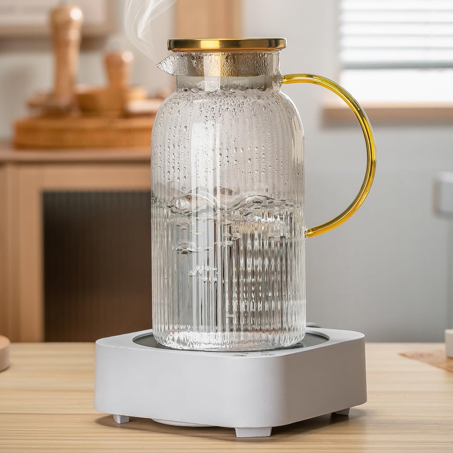 Glass Water Pitcher – 68oz Borosilicate Carafe with Stainless Steel Lid - Heat-Resistant