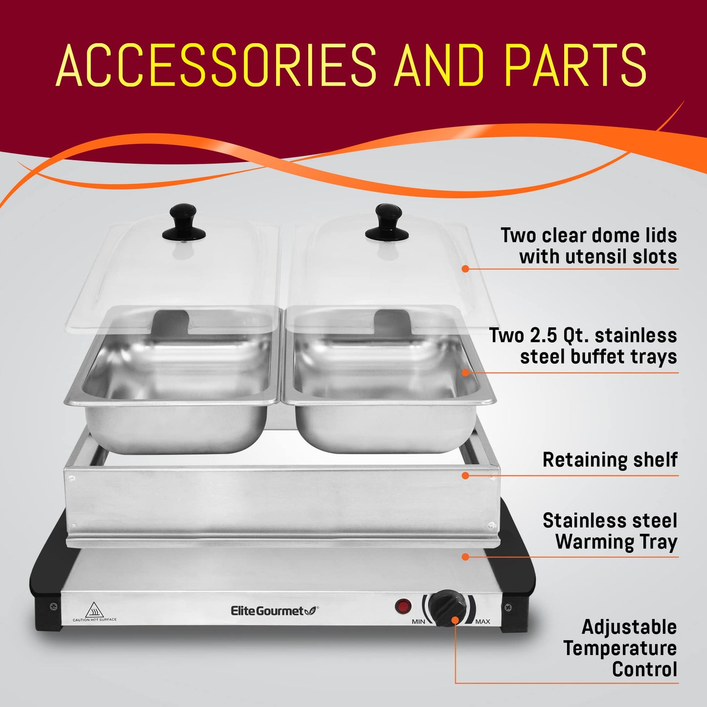 Electric Buffet Food Warmer with 3 Stainless Steel Trays & Dome Lids - Portable Warming Tray for Parties & Events