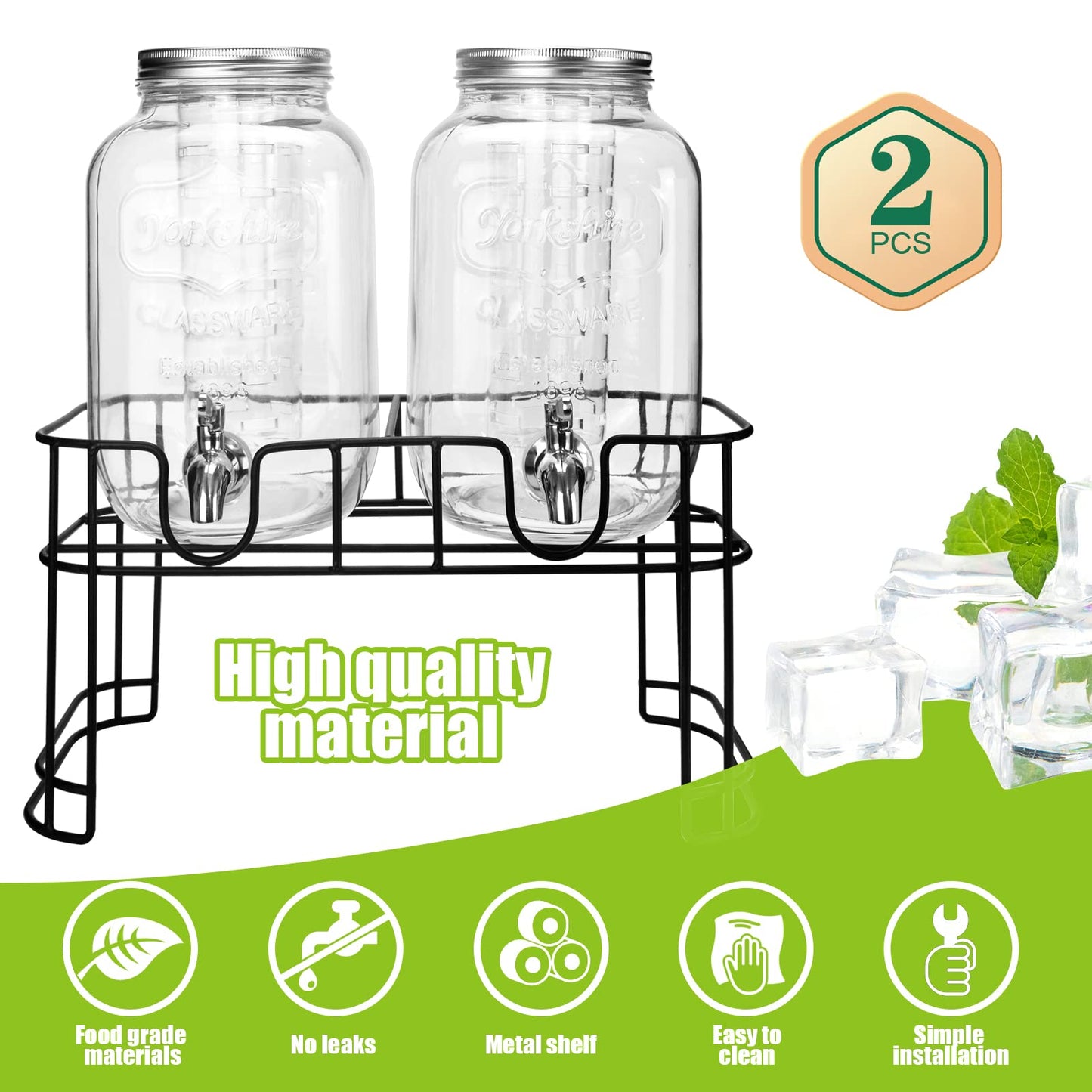 2-Gallon Glass Drink Dispenser Set with Stainless Steel Spigots & Chalkboard Tags – Dual Beverage Dispensers with Metal Stand