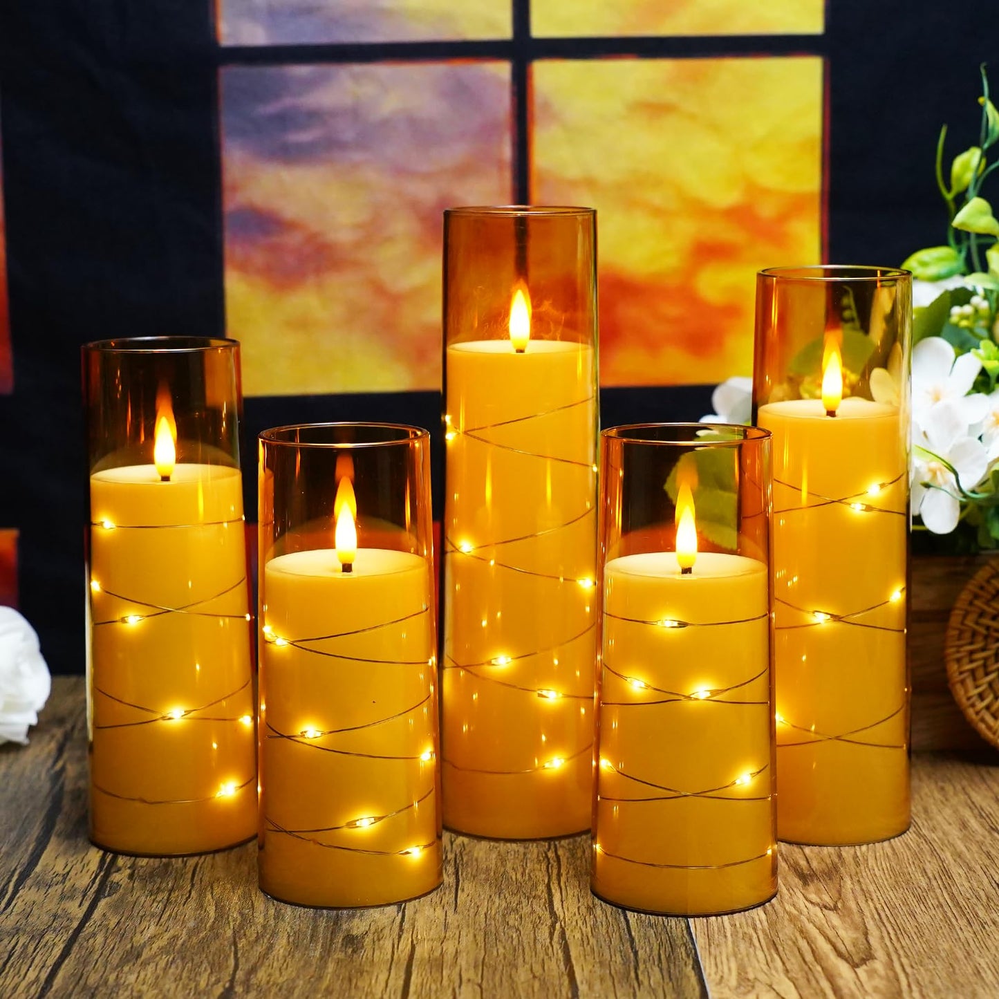 Flameless Mood Lighting Candle Set with Embedded String Lights