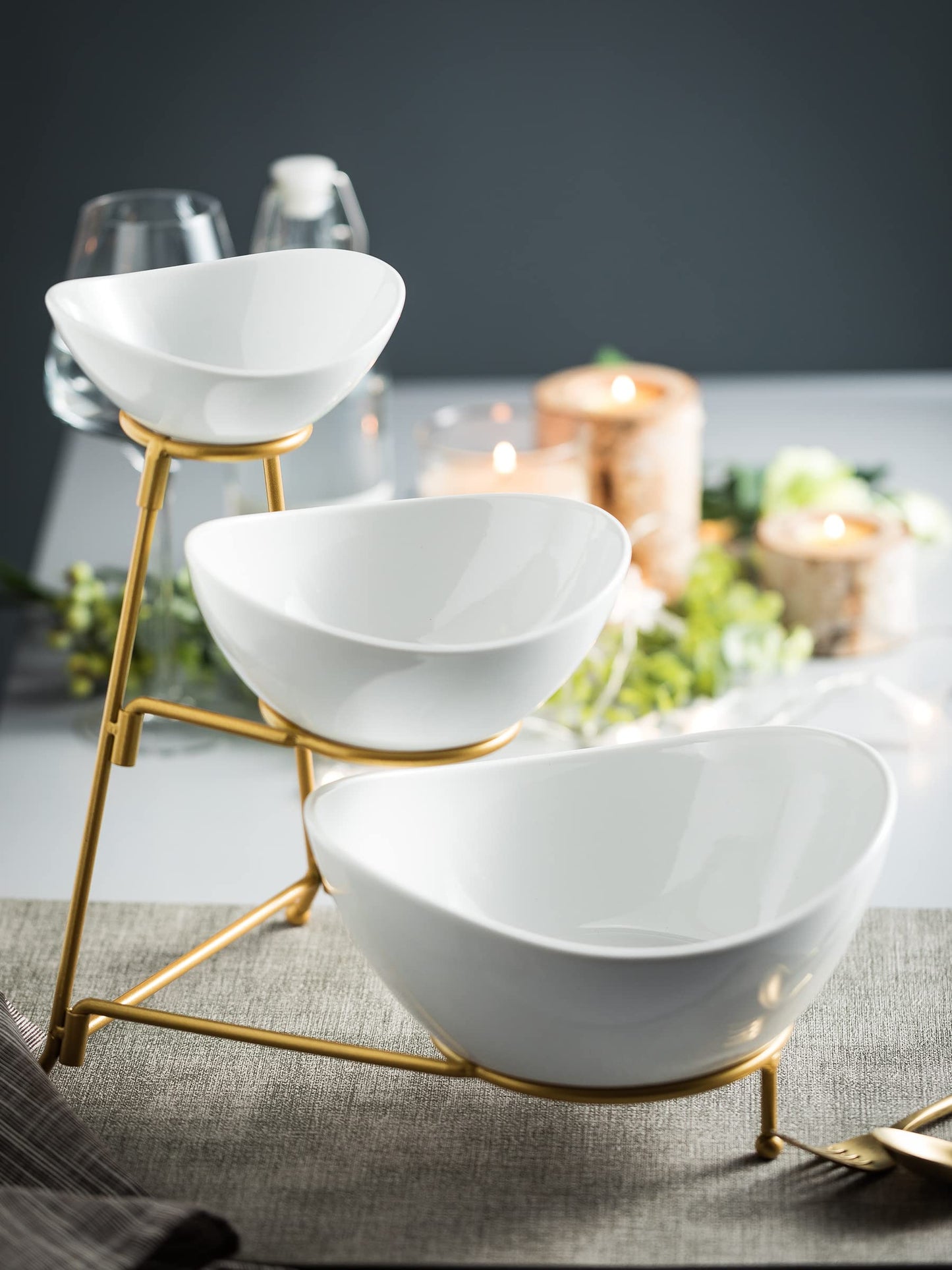 2-Tier Ceramic Chip and Dip Serving Set with Metal Stand – Divided White Glazed Bowls for Sauces, Snacks, and Appetizers