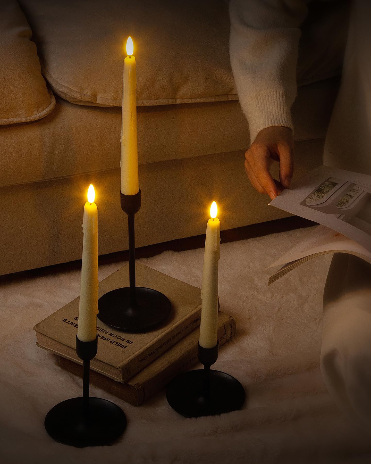 Black Wax Drip Flameless Taper Candles – Set of 6 LED Candles with Remote Control
