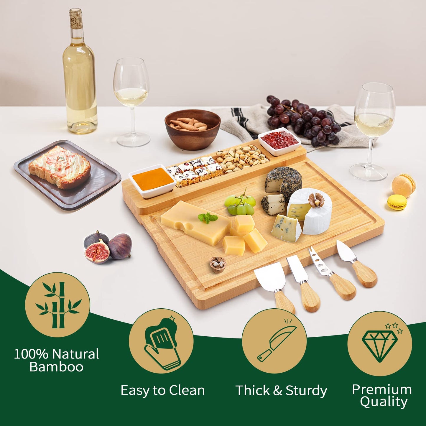 Bamboo Charcuterie Board Set – Cheese Board with Ceramic Bowls, Magnetic Knife Drawer, Crackers Groove