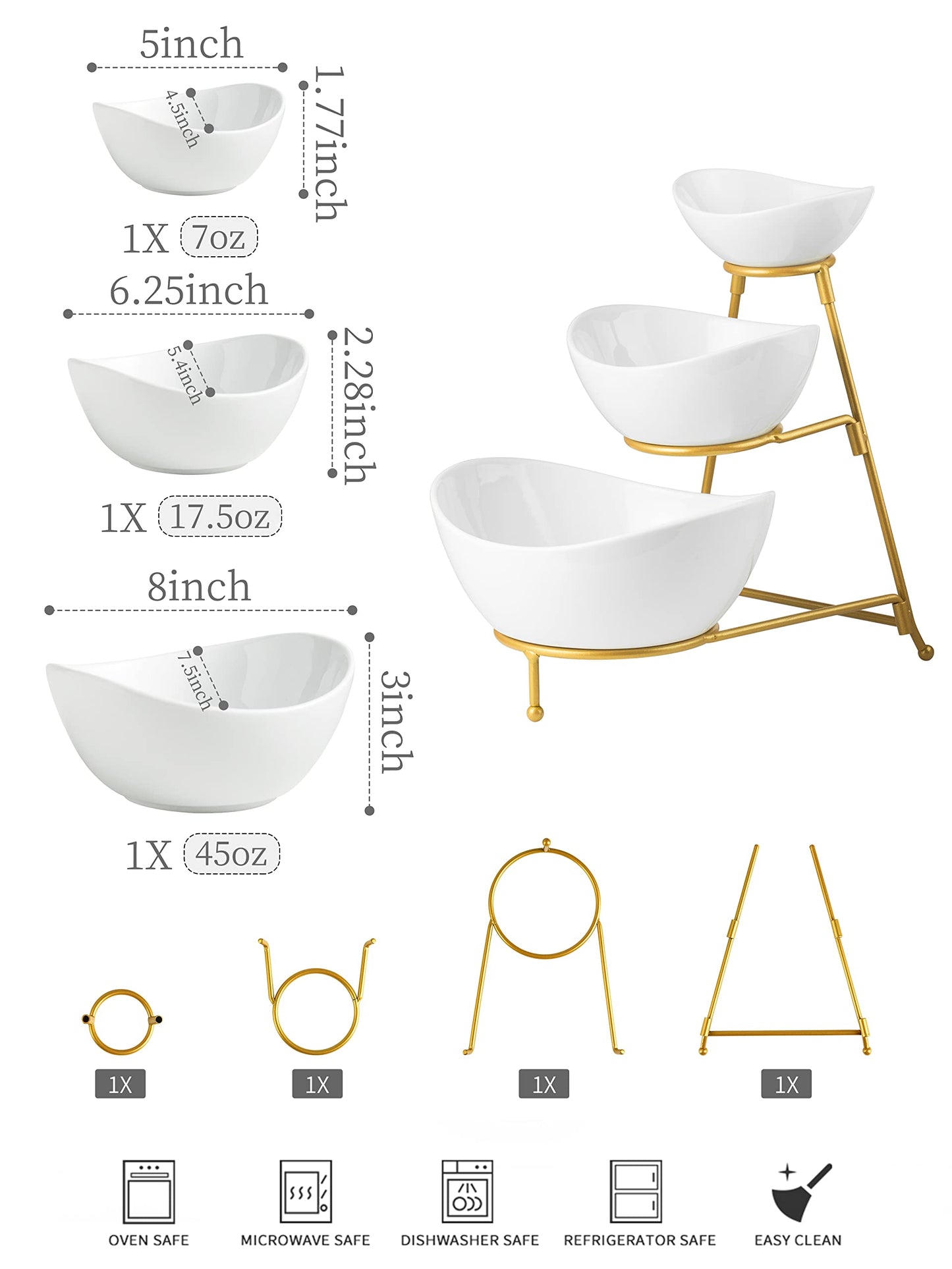 2-Tier Ceramic Chip and Dip Serving Set with Metal Stand – Divided White Glazed Bowls for Sauces, Snacks, and Appetizers