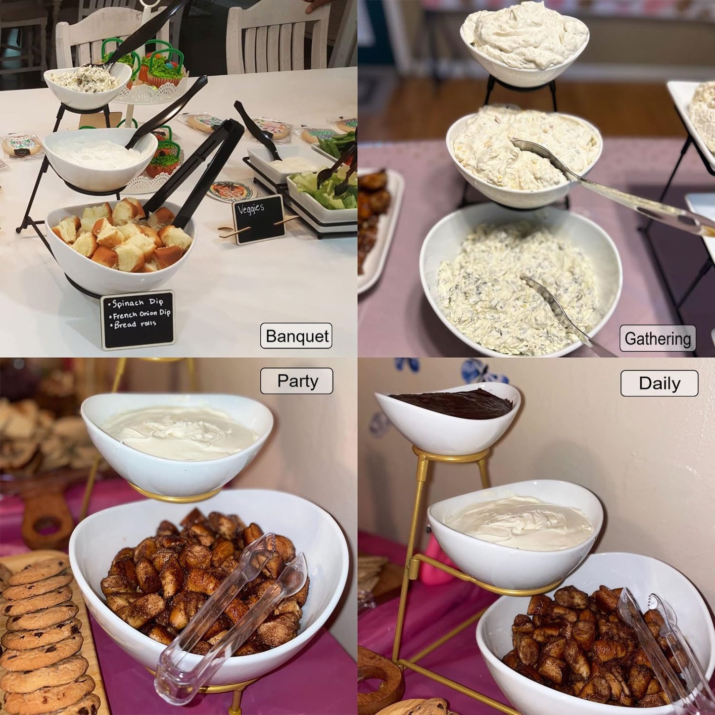 2-Tier Ceramic Chip and Dip Serving Set with Metal Stand – Divided White Glazed Bowls for Sauces, Snacks, and Appetizers