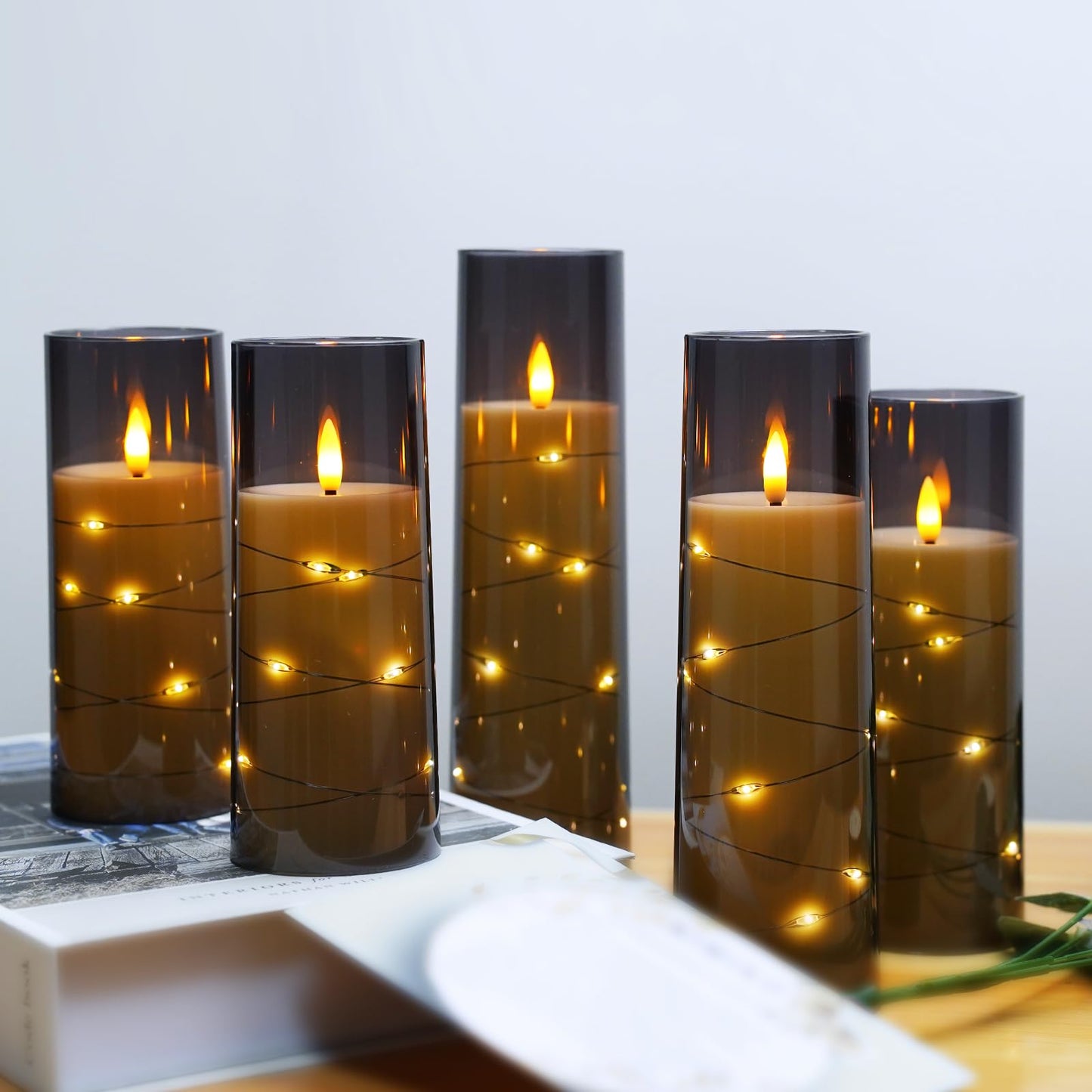 Flameless Mood Lighting Candle Set with Embedded String Lights