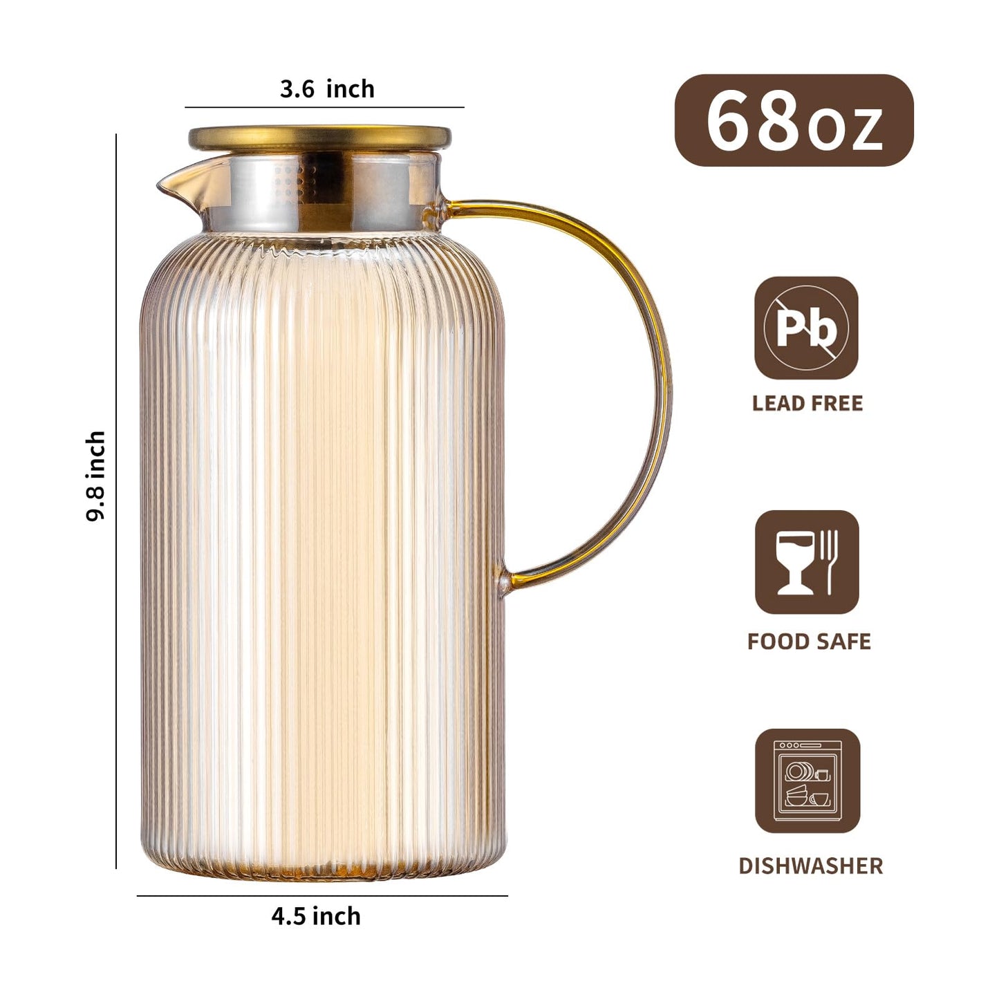 Glass Water Pitcher – 68oz Borosilicate Carafe with Stainless Steel Lid - Heat-Resistant