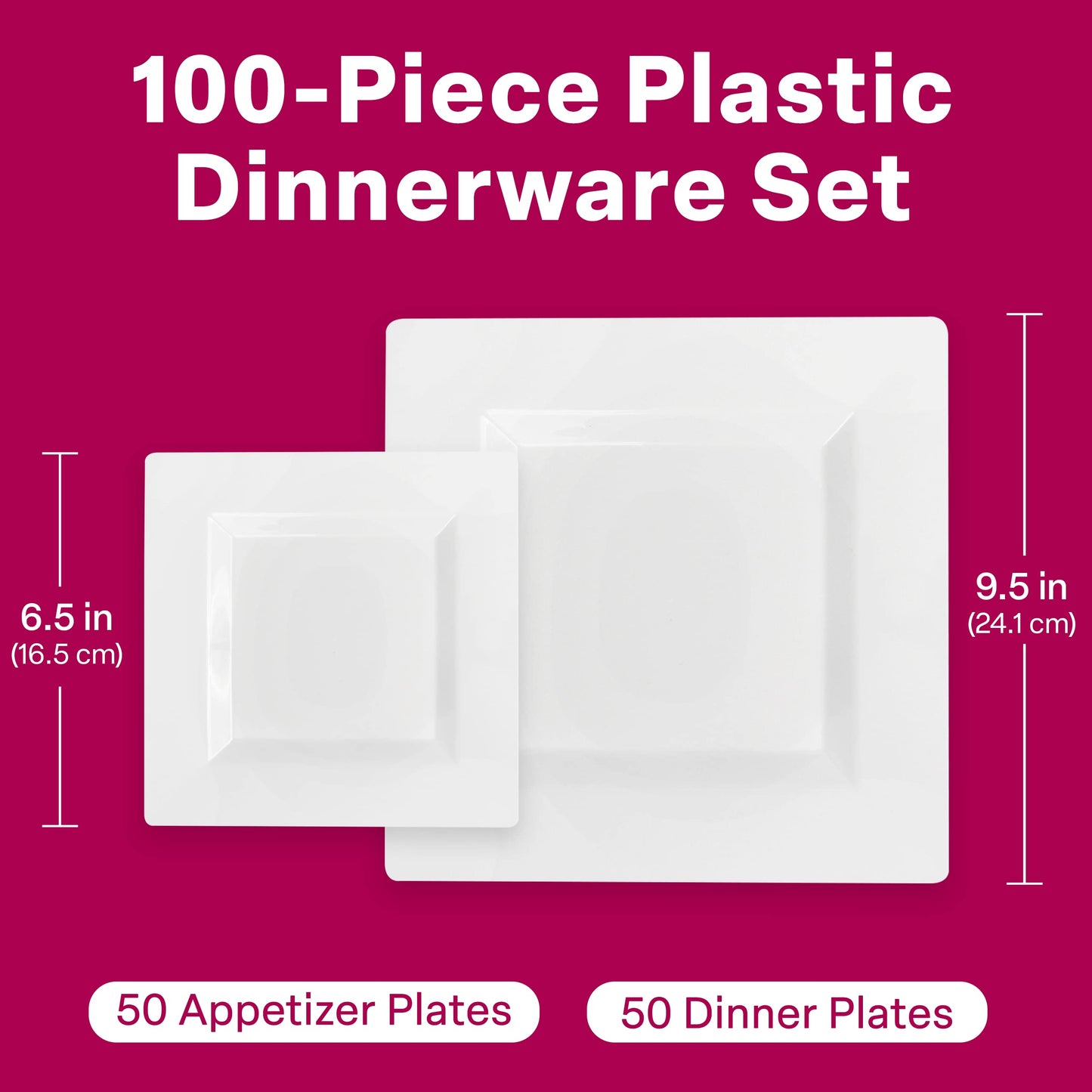 Elegant White Square Plastic Plates Set – 100-Piece Heavy Duty Disposable Dinnerware for 50 Guests (9.5” Dinner + 6.5” Appetizer Plates)