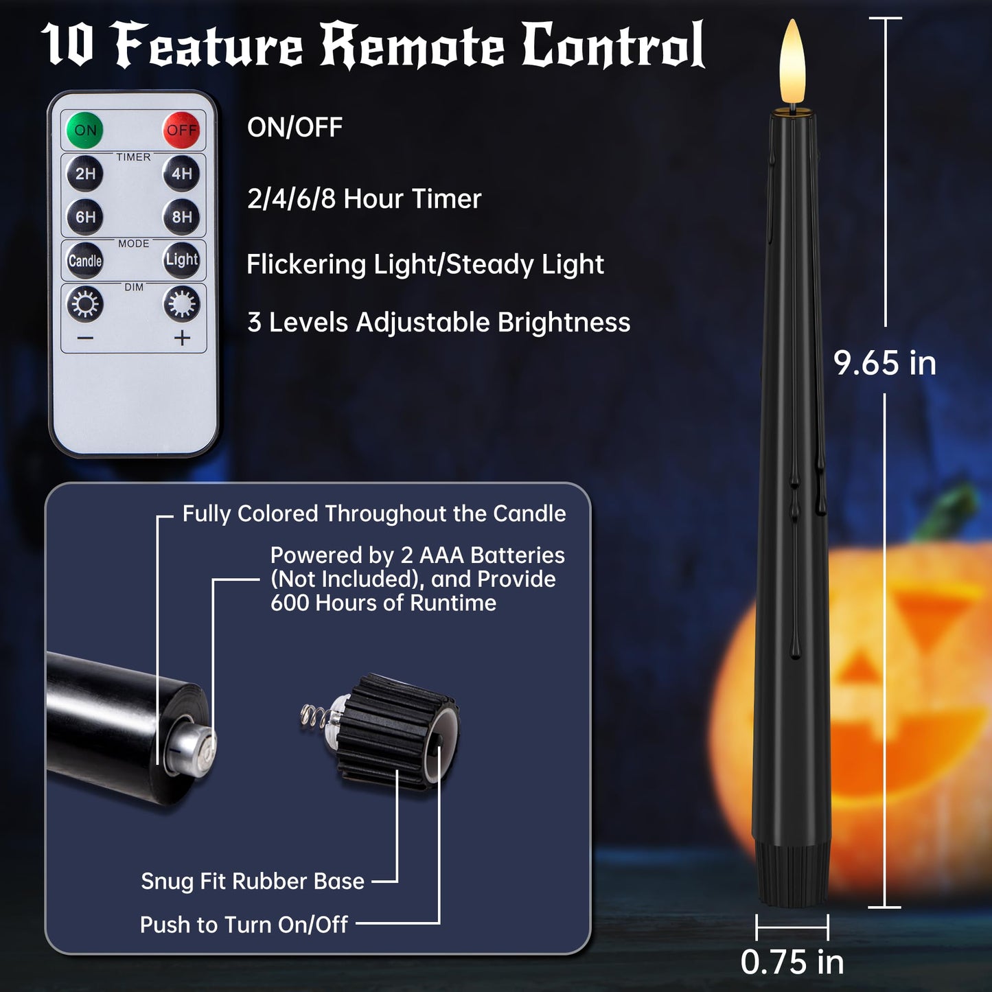 Black Wax Drip Flameless Taper Candles – Set of 6 LED Candles with Remote Control