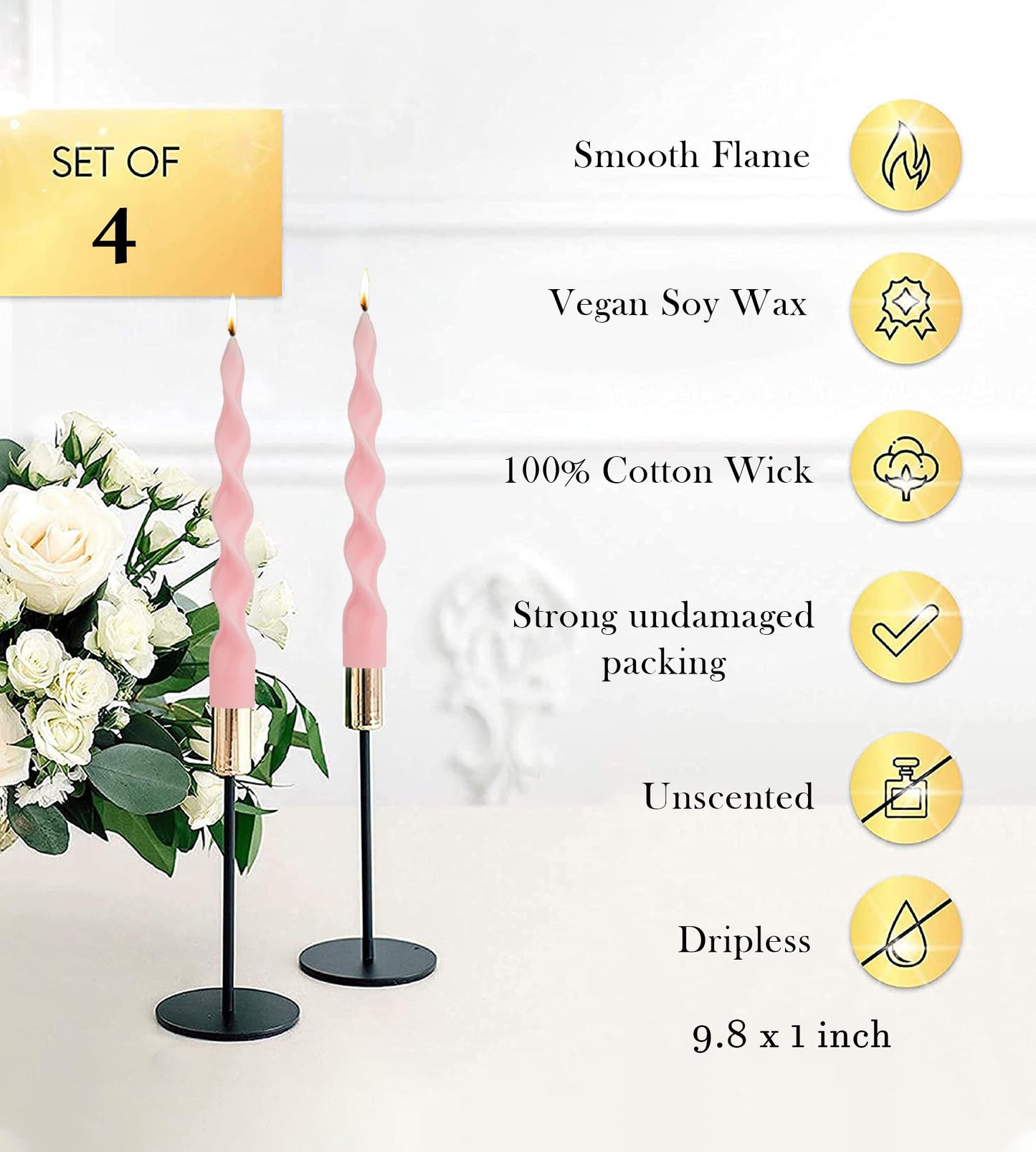 Handmade Spiral Taper Candles – 10" Unscented, Dripless (Set of 4)