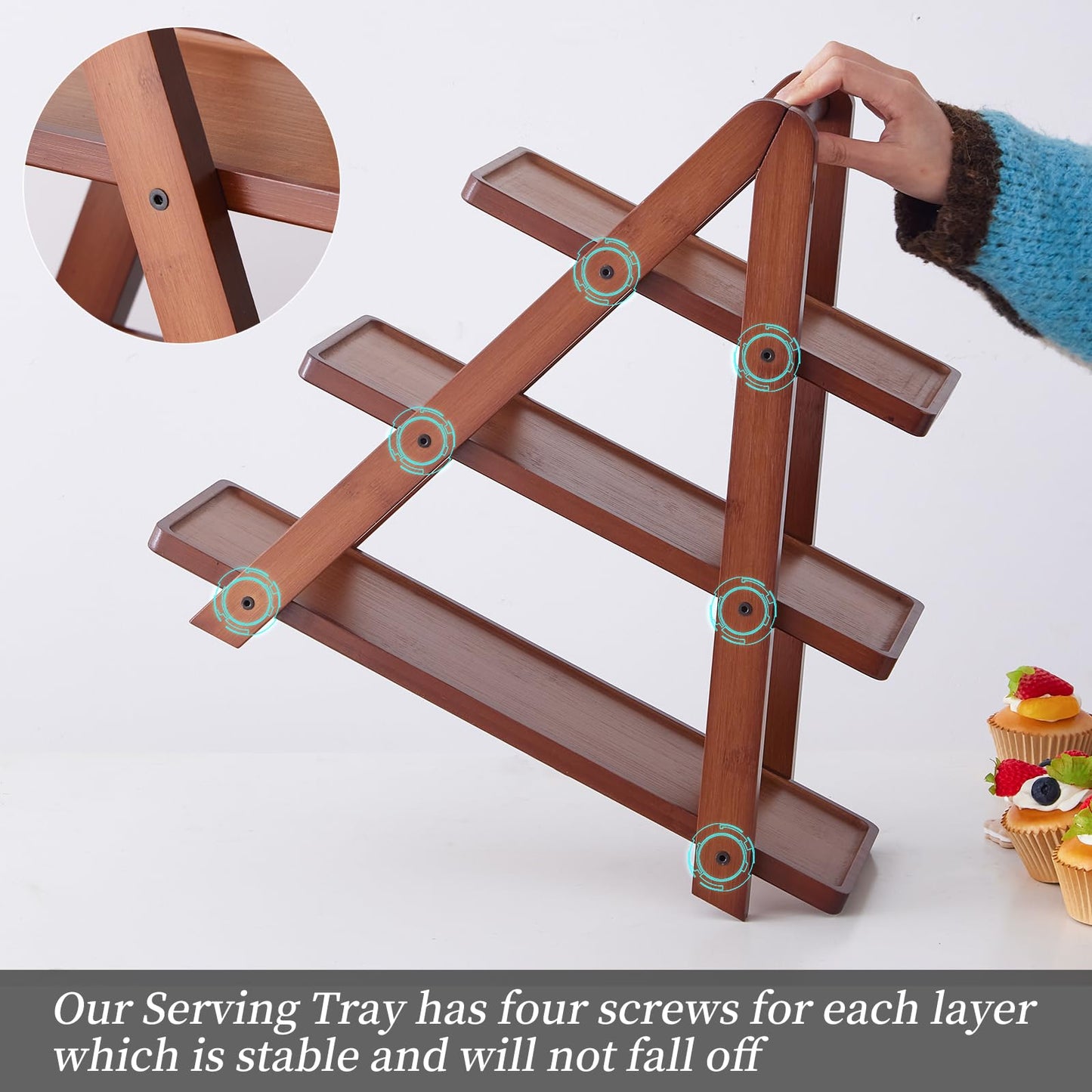 3-Tier Bamboo Cupcake Stand with– Reinforced Dessert Display Tray for Parties, Events, and Home Use