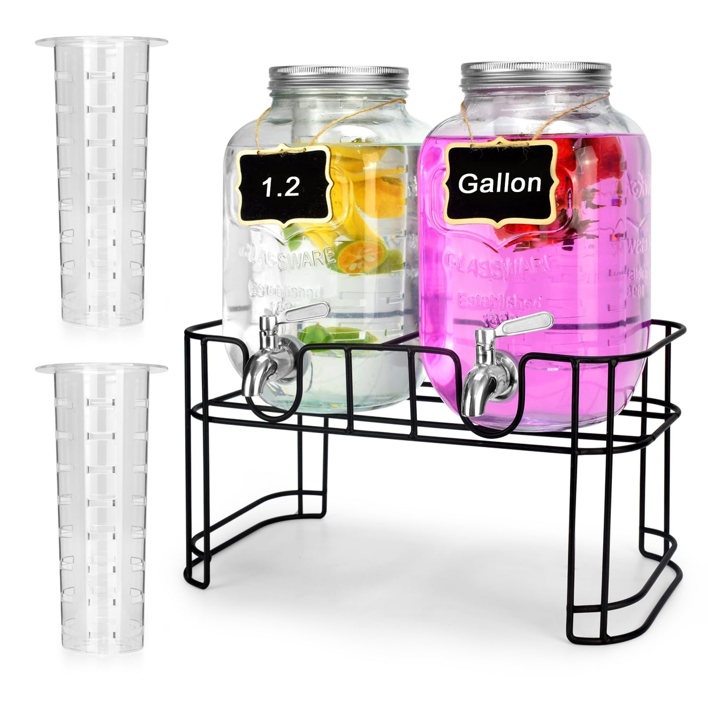 2-Gallon Glass Drink Dispenser Set with Stainless Steel Spigots & Chalkboard Tags – Dual Beverage Dispensers with Metal Stand