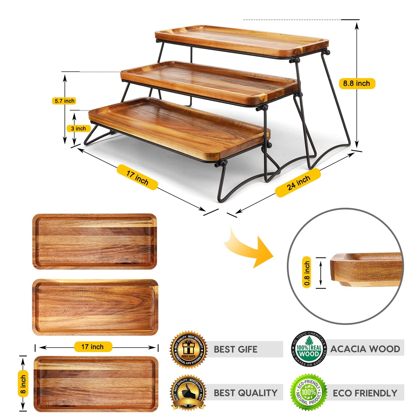 Acacia Wood Serving Tray – Handcrafted Charcuterie & Dessert Stand with Collapsible Rack | Rustic Wood Display for Parties, Events
