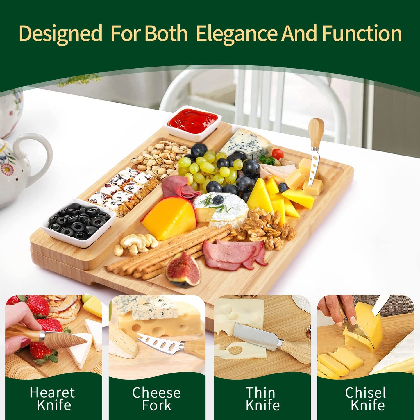 Bamboo Charcuterie Board Set – Cheese Board with Ceramic Bowls, Magnetic Knife Drawer, Crackers Groove