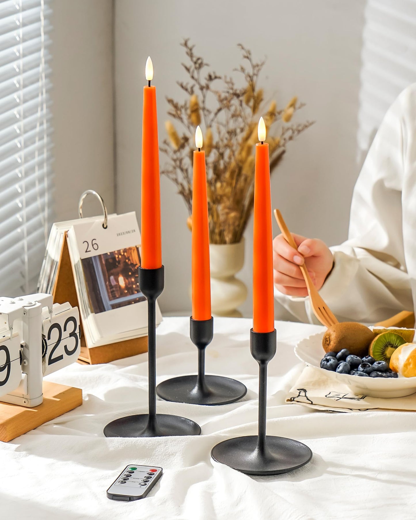 Black Wax Drip Flameless Taper Candles – Set of 6 LED Candles with Remote Control