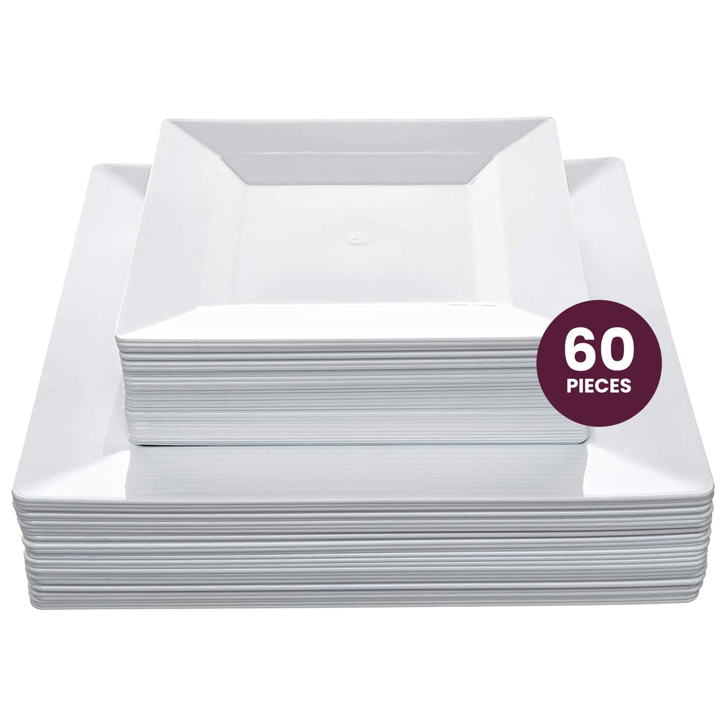 Elegant White Square Plastic Plates Set – 100-Piece Heavy Duty Disposable Dinnerware for 50 Guests (9.5” Dinner + 6.5” Appetizer Plates)