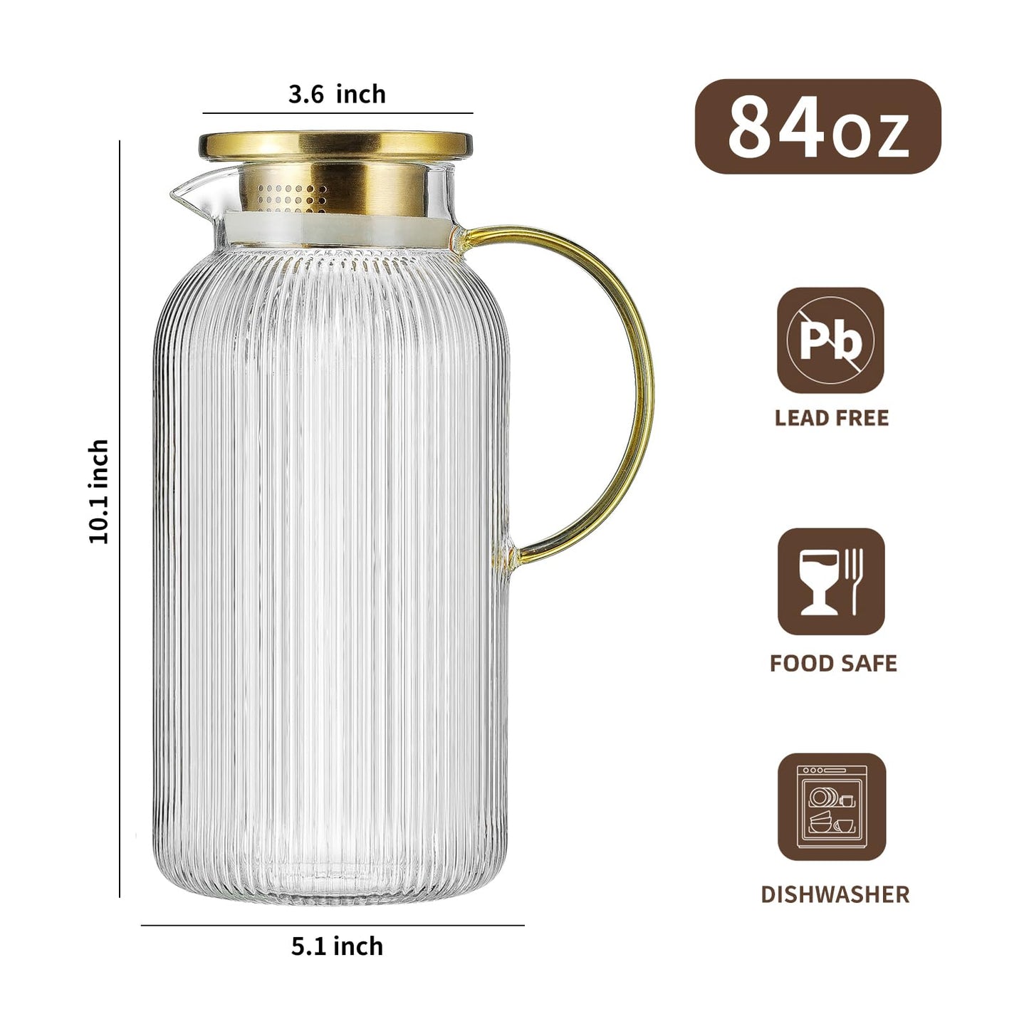Glass Water Pitcher – 68oz Borosilicate Carafe with Stainless Steel Lid - Heat-Resistant