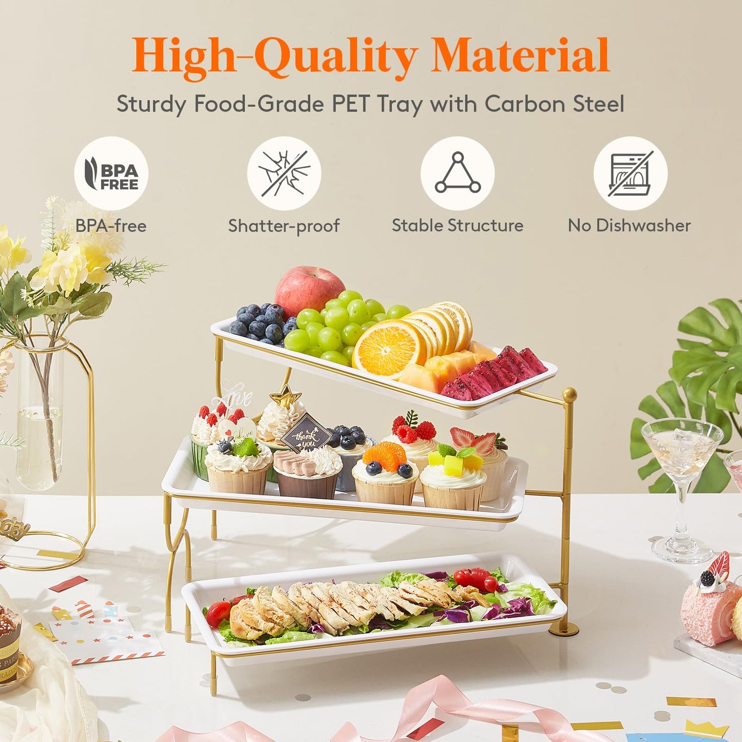 Clear Plastic Serving Tray – BPA-Free Shatterproof PET Dessert Stand for Parties, Weddings & Events | Space-Saving Display with Non-Slip Base