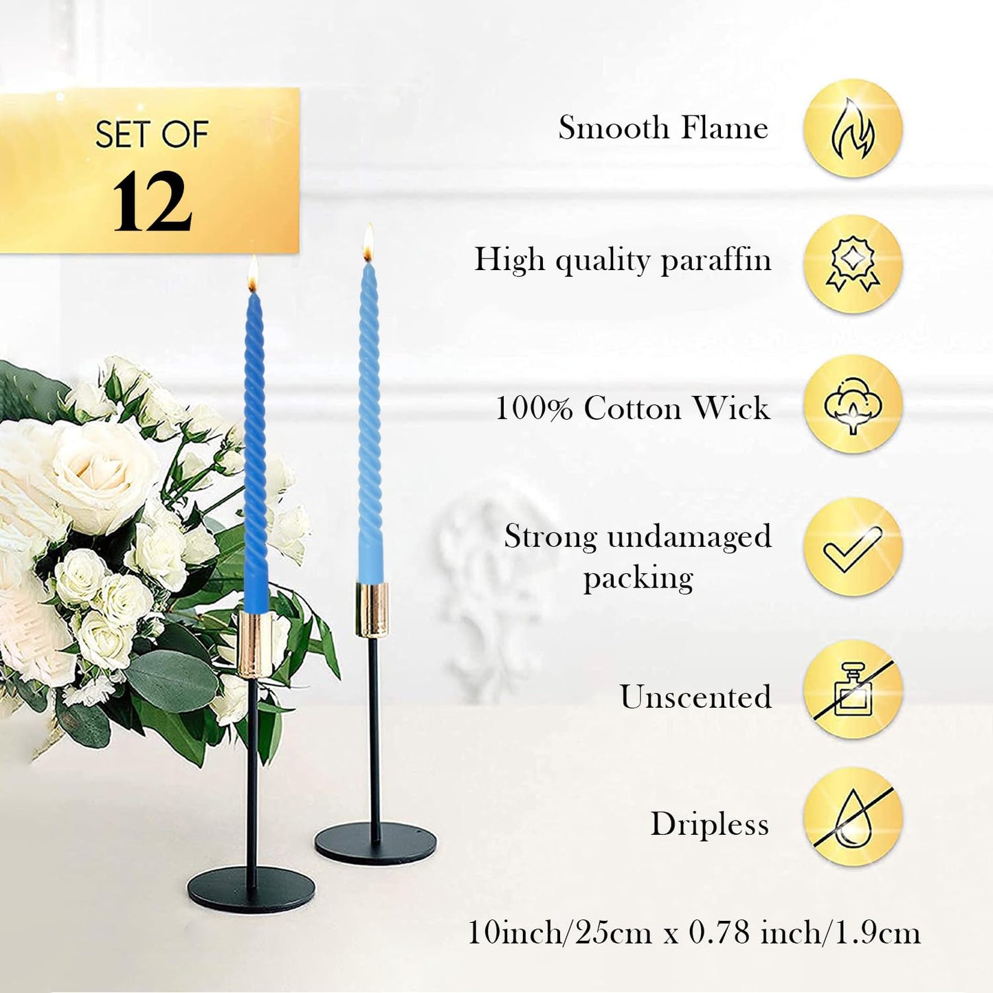 Handmade Spiral Taper Candles – 10" Unscented, Dripless (Set of 4)
