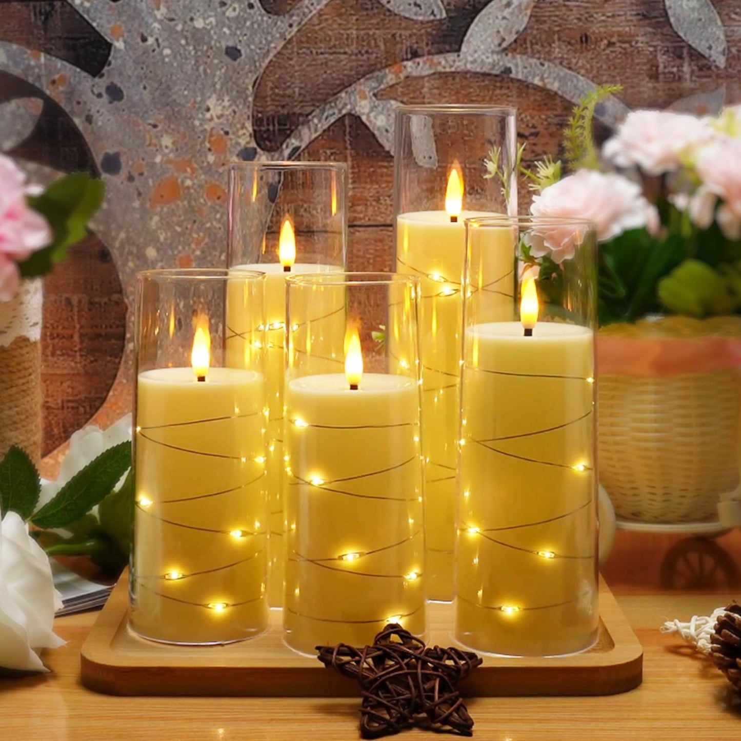 Flameless Mood Lighting Candle Set with Embedded String Lights