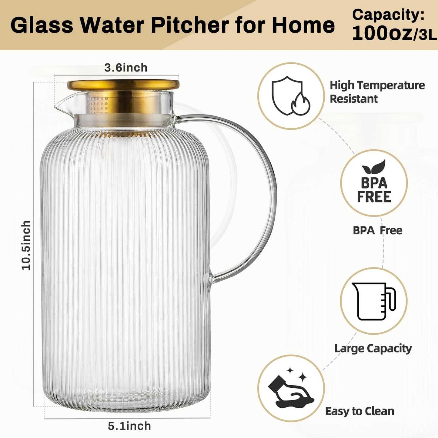 Glass Water Pitcher – 68oz Borosilicate Carafe with Stainless Steel Lid - Heat-Resistant