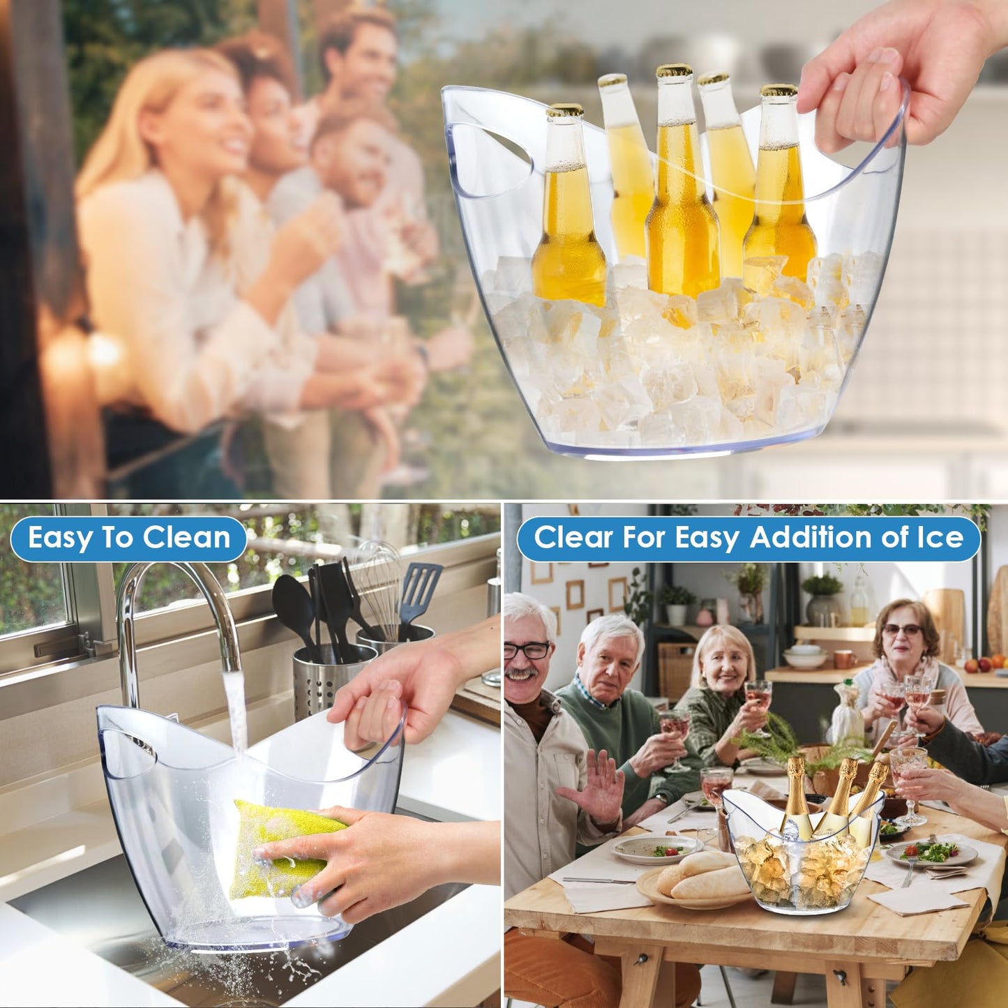 Clear Plastic Ice Bucket with Handles β 4L Drink Tub for Wine, Champagne & Beer β Lightweight, Leak-Proof & Easy to Clean