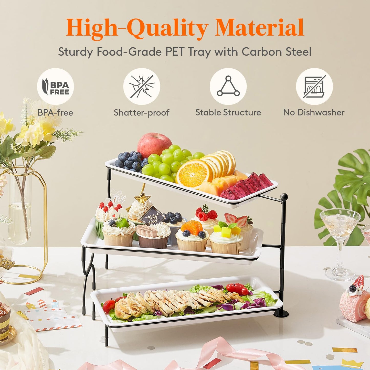 Clear Plastic Serving Tray – BPA-Free Shatterproof PET Dessert Stand for Parties, Weddings & Events | Space-Saving Display with Non-Slip Base