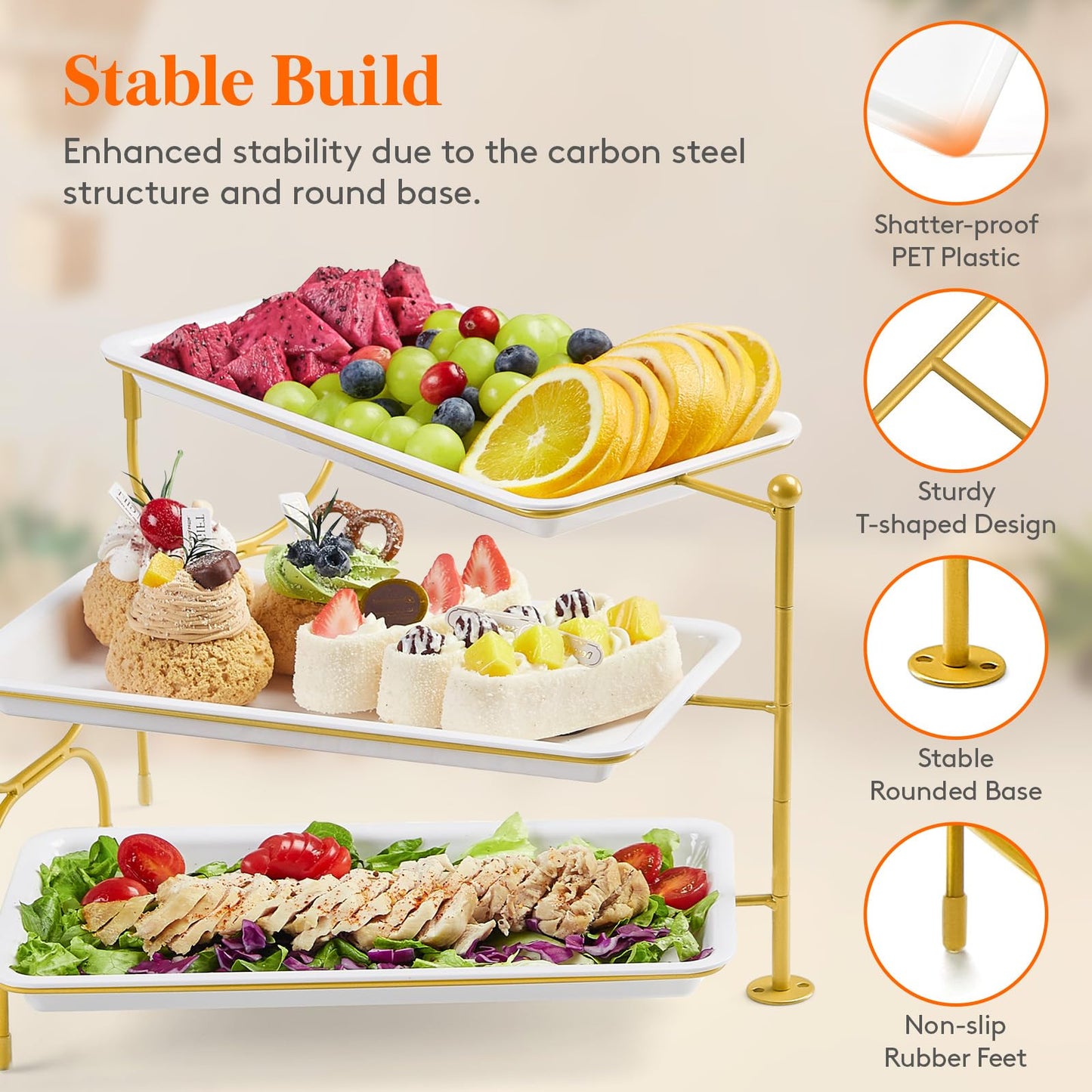 Clear Plastic Serving Tray – BPA-Free Shatterproof PET Dessert Stand for Parties, Weddings & Events | Space-Saving Display with Non-Slip Base