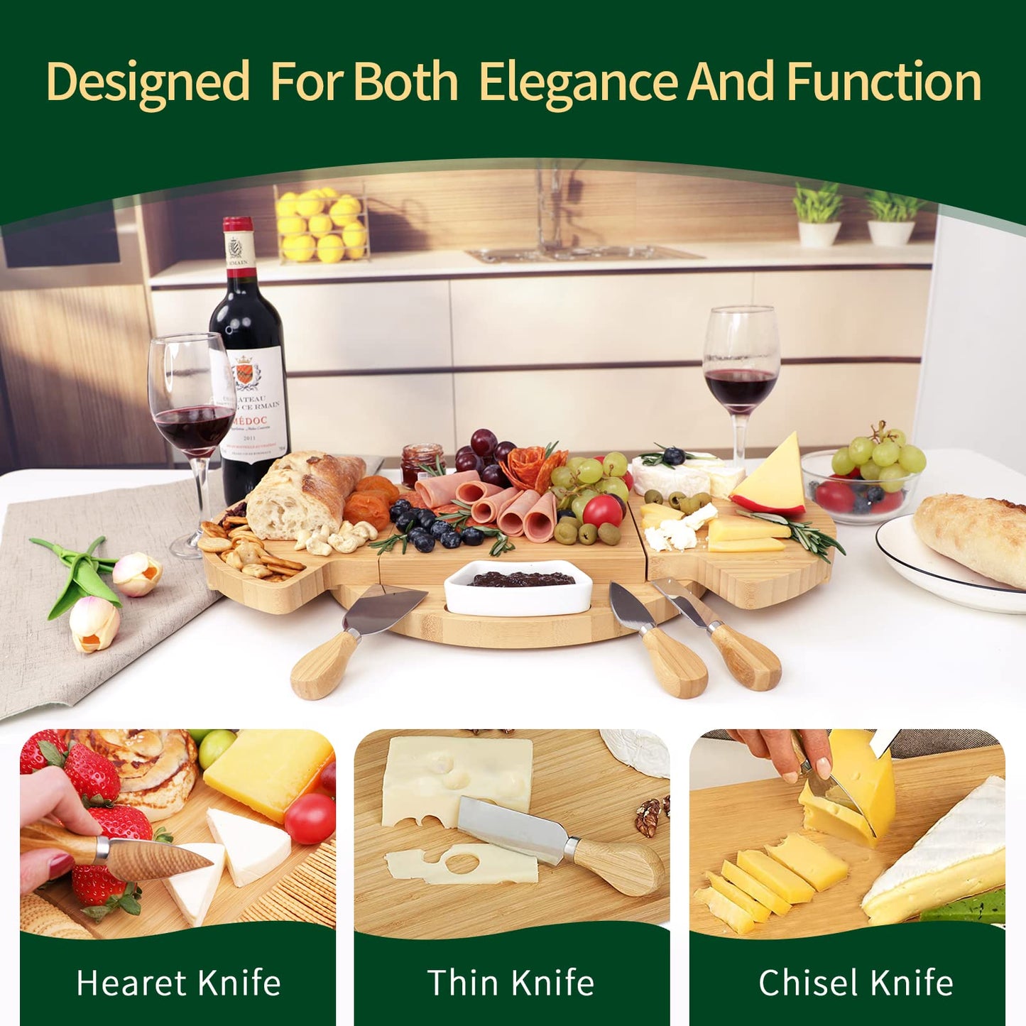 Bamboo Charcuterie Board Set – Cheese Board with Ceramic Bowls, Magnetic Knife Drawer, Crackers Groove