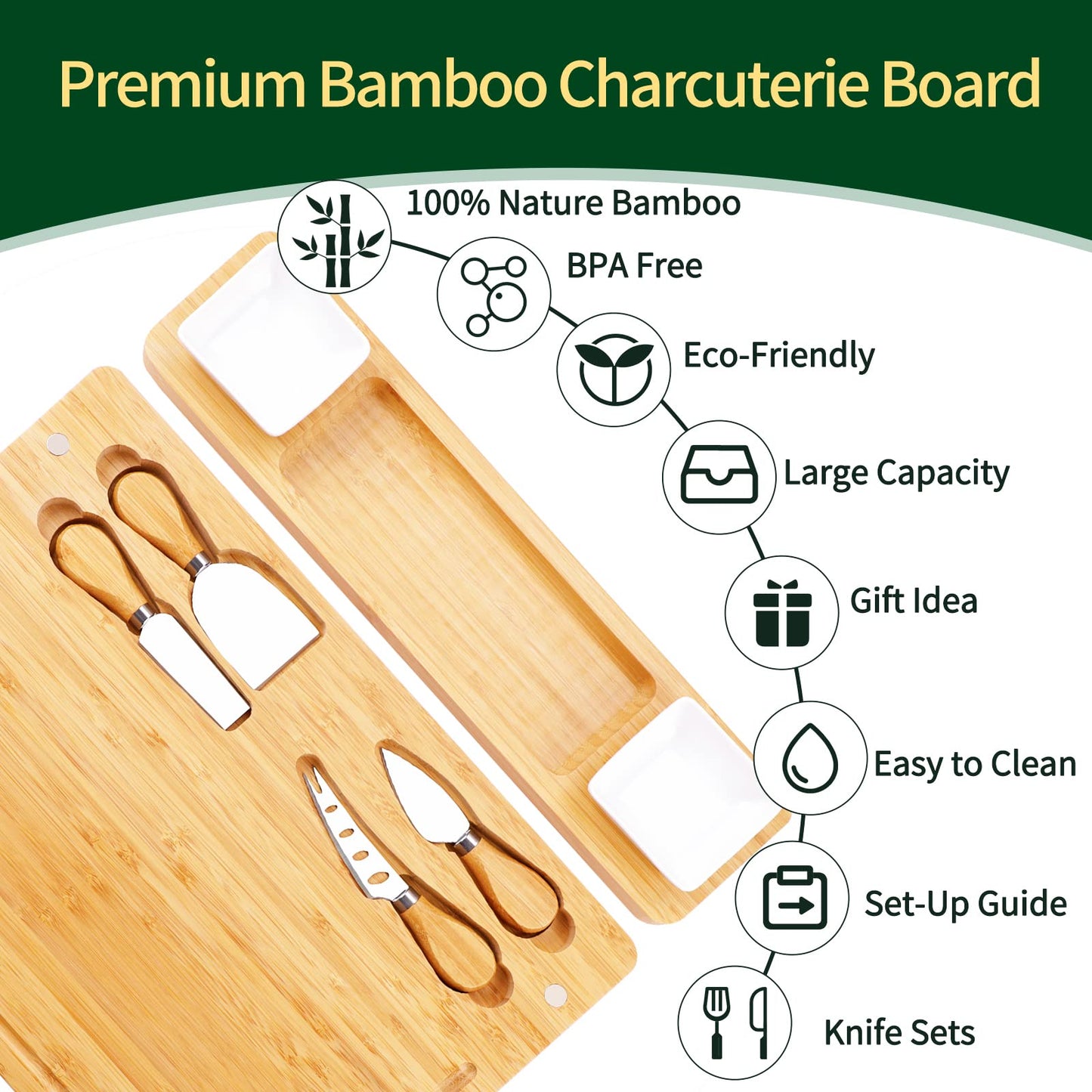 Bamboo Charcuterie Board Set – Cheese Board with Ceramic Bowls, Magnetic Knife Drawer, Crackers Groove