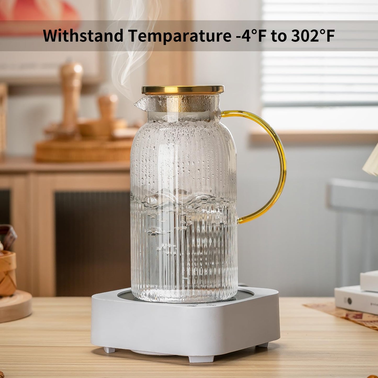 Glass Water Pitcher – 68oz Borosilicate Carafe with Stainless Steel Lid - Heat-Resistant