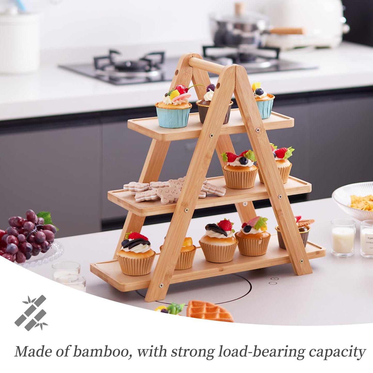 3-Tier Bamboo Cupcake Stand with– Reinforced Dessert Display Tray for Parties, Events, and Home Use