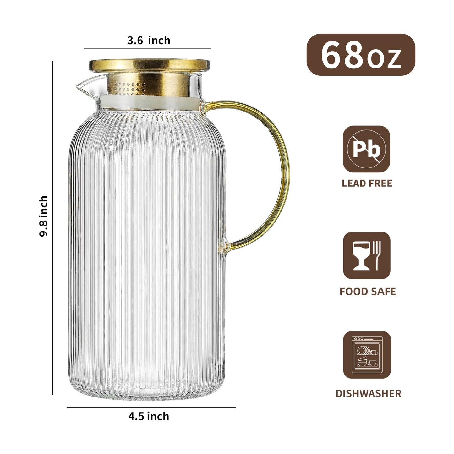 Glass Water Pitcher – 68oz Borosilicate Carafe with Stainless Steel Lid - Heat-Resistant