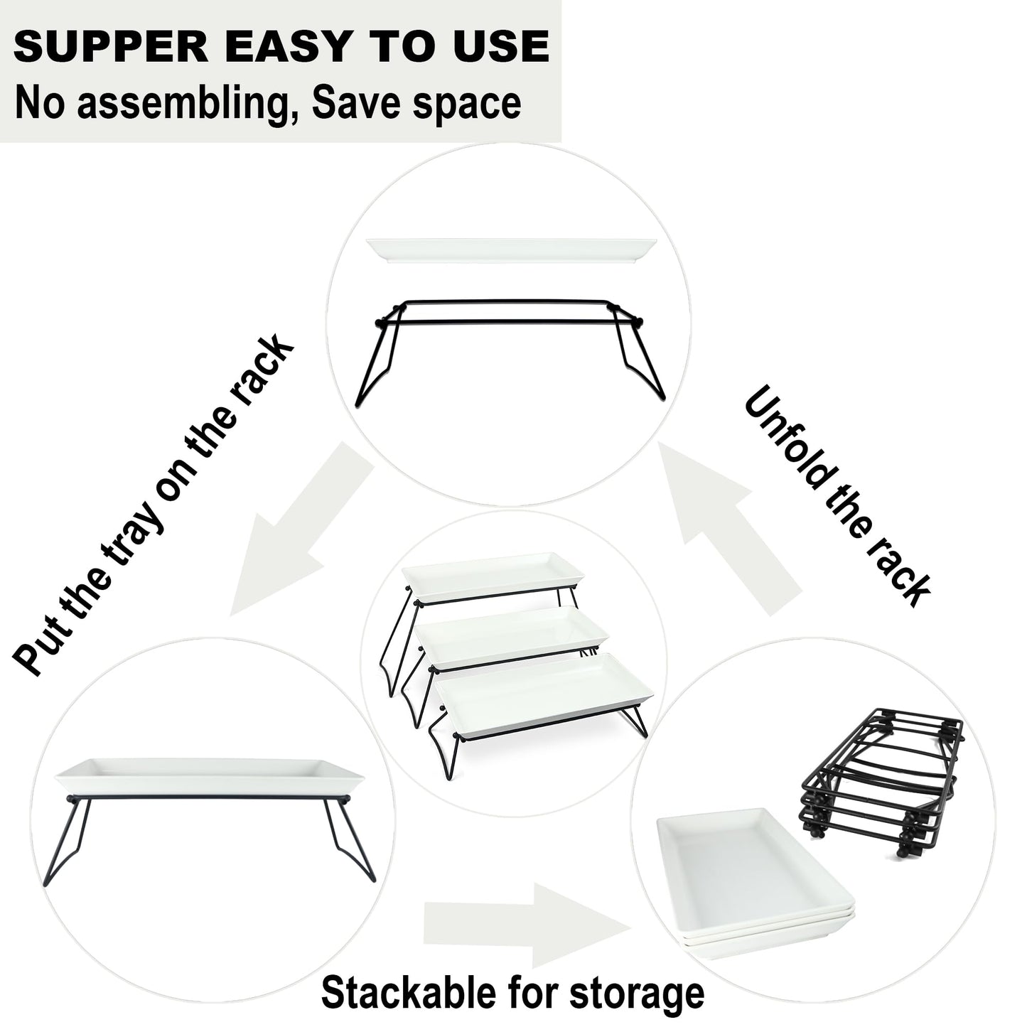 Serving Tray Stand – Collapsible Display with White Melamine Platters for Parties, Holidays & Events | BPA-Free