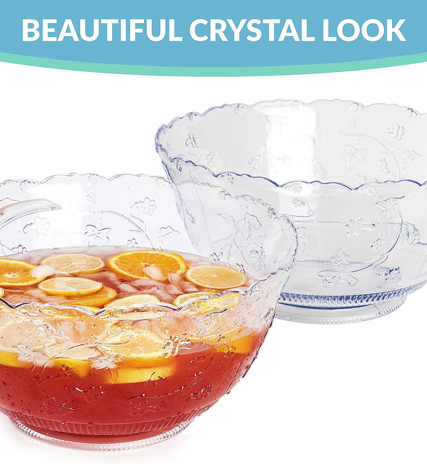 2-Gallon Crystal-Look Plastic Punch Bowl with 5 oz Ladle – Reusable & Dishwasher Safe | Heavy-Duty Serving Bowl for Parties, Weddings & Events