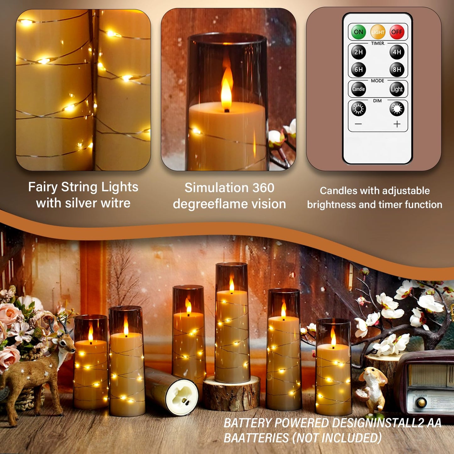 Flameless Mood Lighting Candle Set with Embedded String Lights