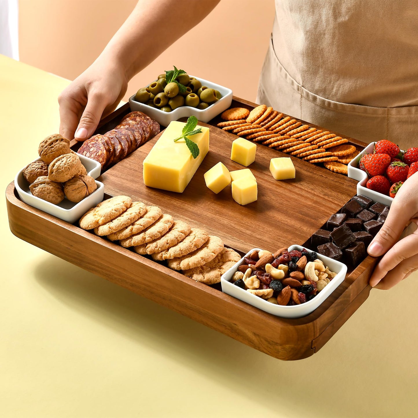 All-Natural Acacia Wood Cheese Board Set with Hidden Drawers, Ceramic Plates, Bowls & Utensils
