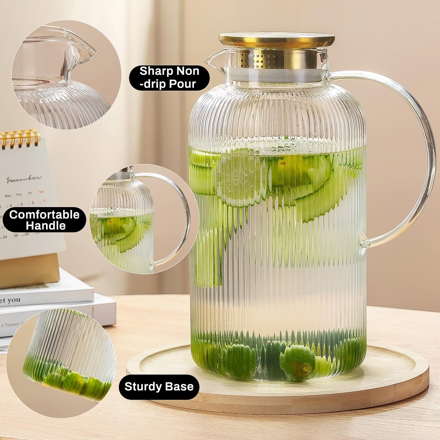 Glass Water Pitcher – 68oz Borosilicate Carafe with Stainless Steel Lid - Heat-Resistant