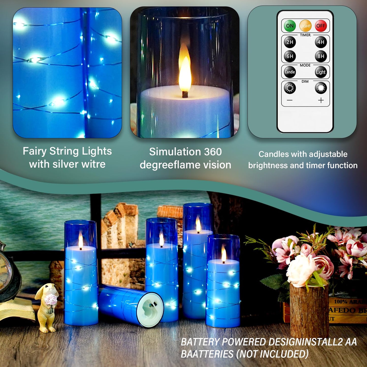 Flameless Mood Lighting Candle Set with Embedded String Lights