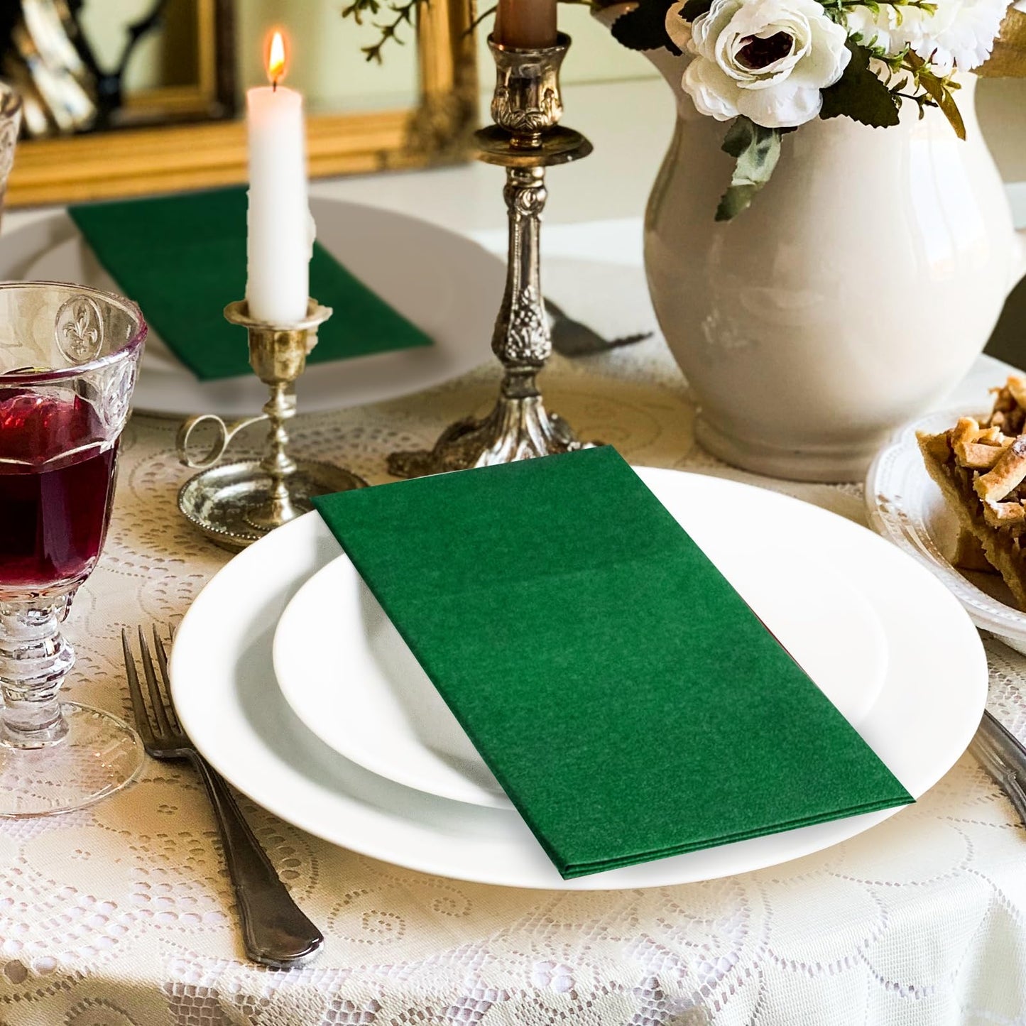 Solid Color Pocket Napkins – 50-Pack Linen-Like Paper Napkins with Silverware Pocket | Soft, Absorbent & Elegant for Dining, Weddings, and Events - Matcha Green